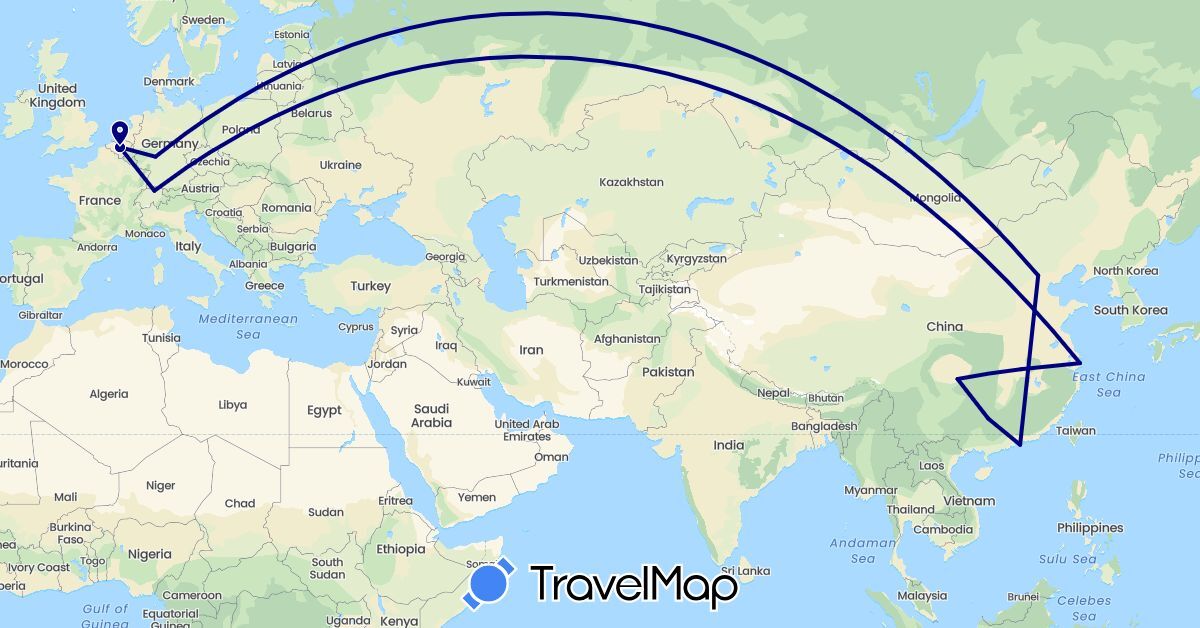 TravelMap itinerary: driving in Belgium, Switzerland, China, Germany (Asia, Europe)